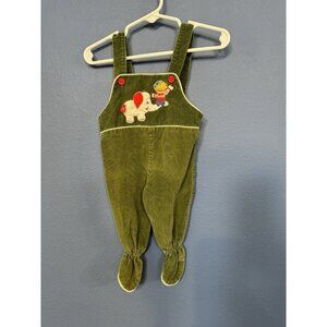 Vintage Footy overalls cute elephant appliqué 0-3 Month Olive Green Corduroy